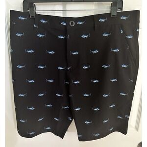 Scales Men's Black/Blue Fish Print Golf Preppy Shorts Stretch Pockets 9" Inseam